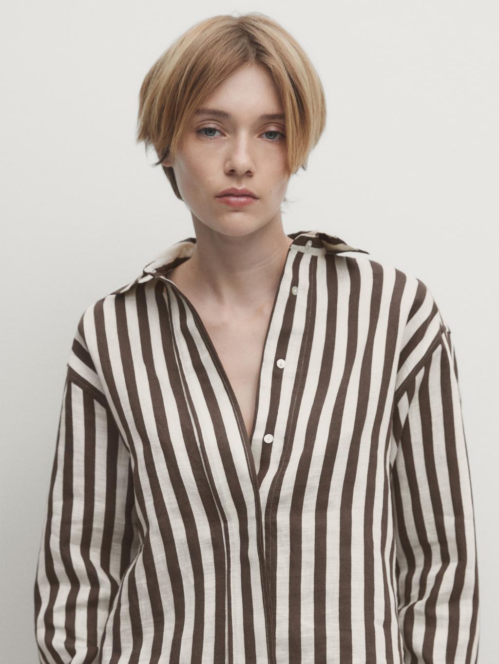 Camisa crop rayas manga larga con lino